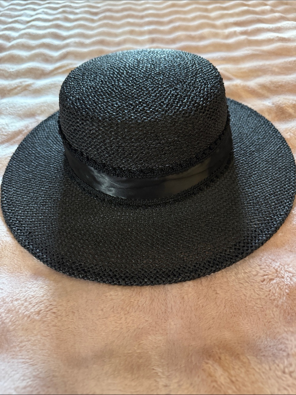 Black Wide-Brim Straw Hat with Satin Band